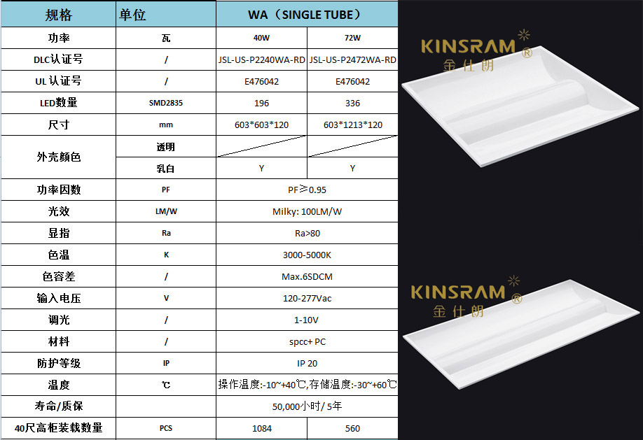 金仕朗-40w 单灯管灯盘 面板灯(过美国ul cul dl